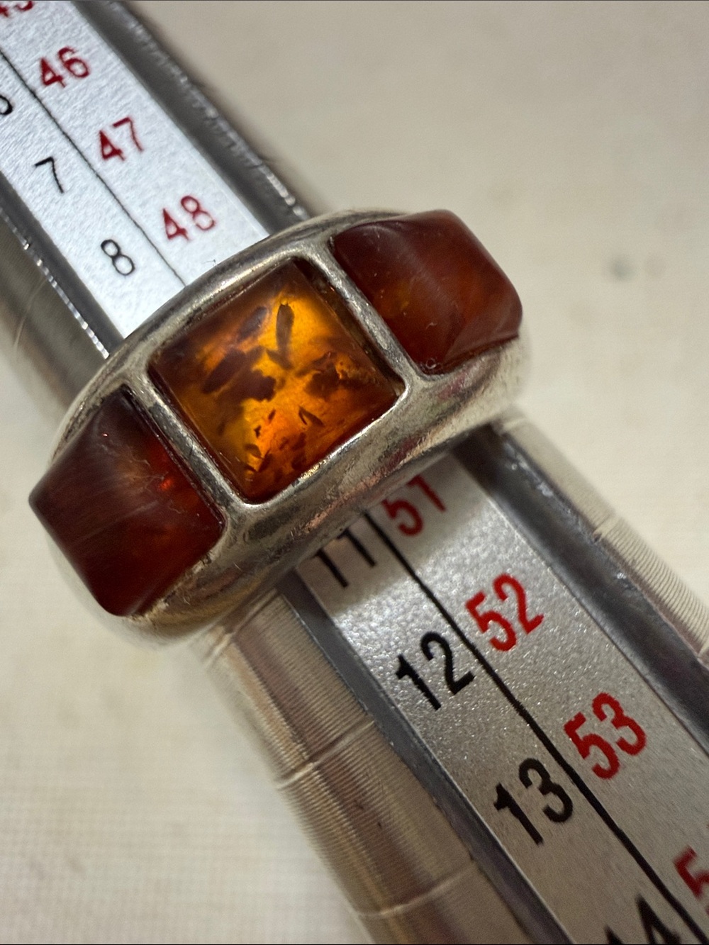 Sterling Silver 925 Amber Triple Stone Ring size 5.25